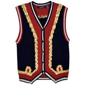 Vintage Nautical Sweater Vest Size L Anchor Navy Red Gold‎ Rope Chunky Knit 90s